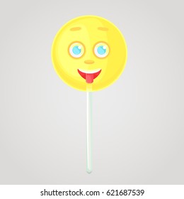 Yellow candy is an emotional icon  voluminous and face  stick  Round caramel  Shows the language  Sweet food  Cartoon style  Object isolated gradient background 