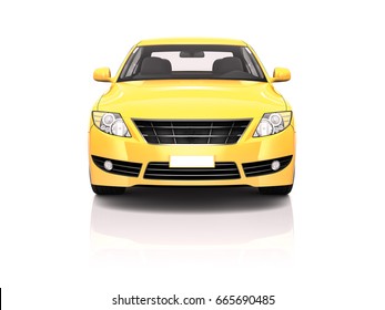 yellow car 3d illustration in white background with reflection