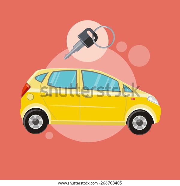 Yellow car with a key.\
Rent a car concept in flat design cartoon style on stylish\
background. Raster\
version