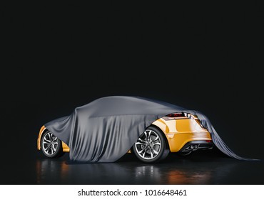 Yellow cars that are covered in fabric. 3d render and illustration.