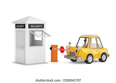 Yellow Cartoon Car In Front Of Closed Road Car Barrier And Security Zone Booth With Security Sign On A White Background. 3d Rendering