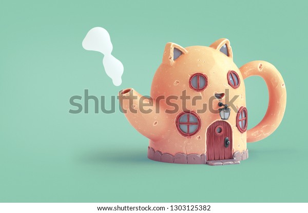 Yellow Cartoon Cat House Shape Teapot のイラスト素材