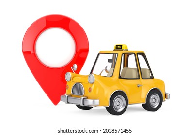 Yellow Cartoon Taxi Car With Red Map Pointer Target Pin On A White Background. 3d Rendering