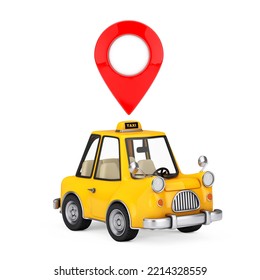 Yellow Cartoon Taxi Car With Red Map Pointer Pin On A White Background. 3d Rendering 