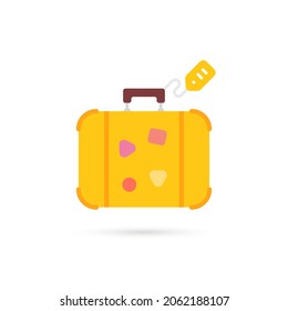 yellow cartoon travel suitcase with label. concept of case for inveterate travelers and comfortable luggage. flat simple style trend modern logotype graphic art design isolated on white background