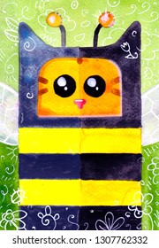 Yellow Cat Portrait Illustration. Bumblebee Costume