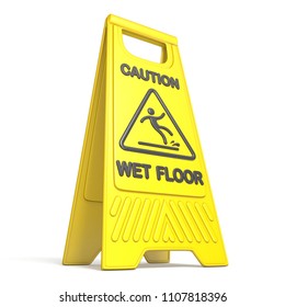 Yellow Caution Slippery Wet Floor Sign 3D Rendering Illustration Isolated On White Background 