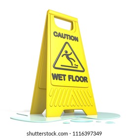 Yellow Caution Slippery Wet Floor Sign 3D Rendering Illustration Isolated On White Background