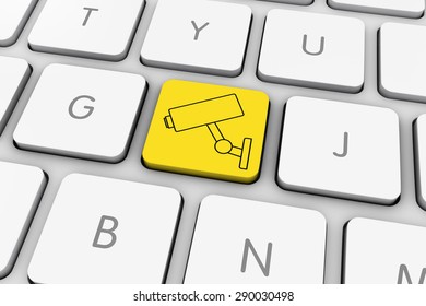 Yellow CCTV Camera Icon Computer Key on White Keyboard