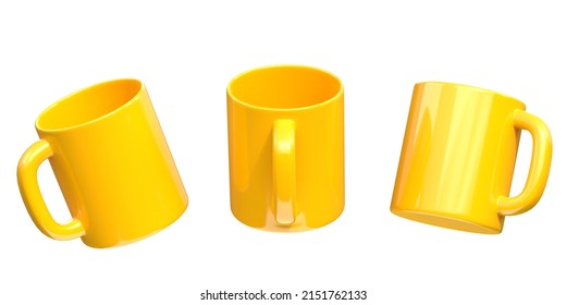 Yellow ceramic cups or empty mugs for coffee, drink or tea on White Background. 3D Rendering 3D Illustration