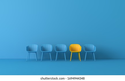 Żółte krzesło wyróżniało się z tłumu. Koncepcja biznesowa. Renderowanie 3D