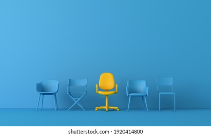 Yellow chair standing out from the crowd. Business concept. 3D rendering