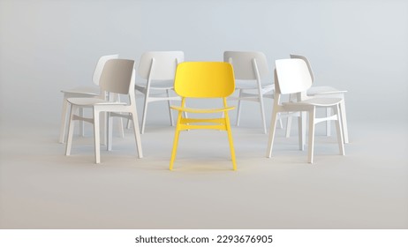 A Yellow Chair That Stands Out From the Seven White Chairs Arranged in a Circle Facing Out on a Soft White Studio Background. Business concept. Job Vacancy. 3D rendering. - Powered by Shutterstock