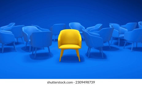 A Yellow Chair That Stands Out From the Many Blue Chairs Against the Blue Background of the Studio. Business Concept. 3D Render. - Powered by Shutterstock