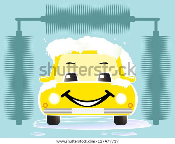 yellow\
cheerful toy car washing on blue\
background