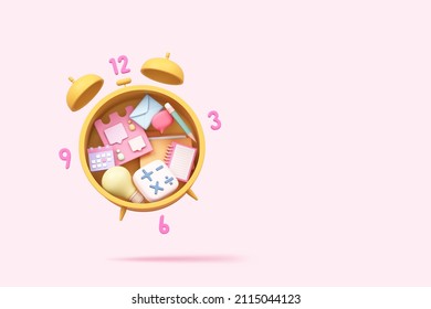 Yellow Clock Schedule Timetable Time Management Hour Minute For Business Education Startup Morning Day Night Kid Cute With Light Bulb Calendar File Folder Email Connection Smartphone. 3D Illustration.