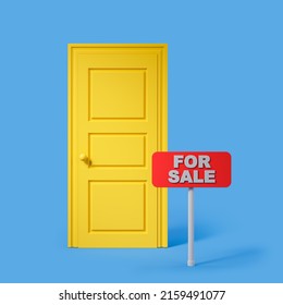 Yellow closed door on a blue background and a sign for sale. The concept of an auction, buying or selling real estate. 3d rendering
