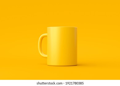 Yellow coffee cup or empty mug for drink on vivid color background with blank ceramic porcelain mockup template. 3D rendering.