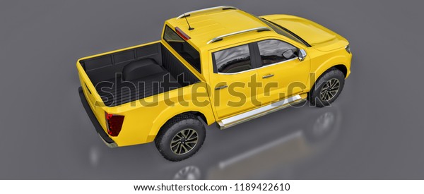 Yellow commercial vehicle
delivery truck with a double cab. Machine without insignia with a
clean empty body to accommodate your logos and labels. 3d
rendering.