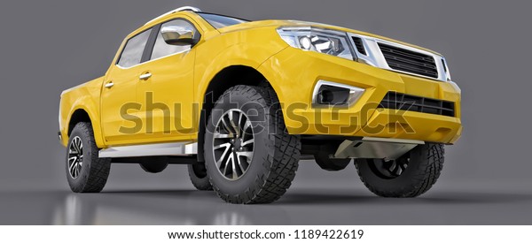 Yellow commercial vehicle\
delivery truck with a double cab. Machine without insignia with a\
clean empty body to accommodate your logos and labels. 3d\
rendering.
