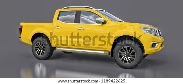 Yellow commercial vehicle\
delivery truck with a double cab. Machine without insignia with a\
clean empty body to accommodate your logos and labels. 3d\
rendering.