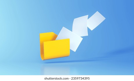 Yellow Computer Folder With Flying Blank Documents Isolated Over Soft Blue Background. Cartoon Minimalism Style. Web Concept. 3D Render Illustration.