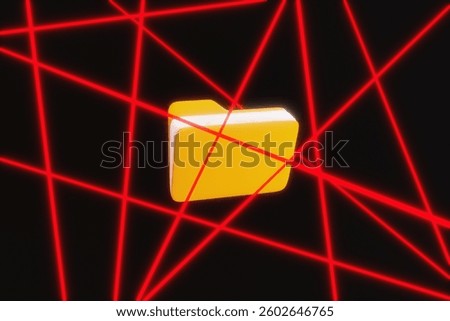 Yellow computer icon of an open file folder protected by red laser beams on a black background. 3D illustration of the concept of cybersecurity, secured cloud storage and personal data privacy