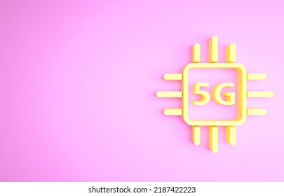 Yellow Computer processor 5G with microcircuits CPU icon isolated on pink background. Chip or cpu with circuit board. Micro processor. Minimalism concept. 3d illustration 3D render.