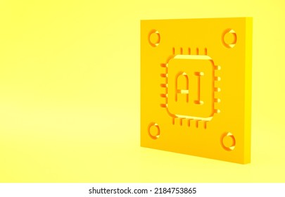 Yellow Computer processor with microcircuits CPU icon isolated on yellow background. Chip or cpu with circuit board sign. Micro processor. Minimalism concept. 3d illustration 3D render.