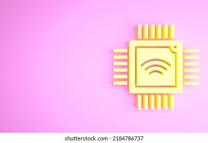 Yellow Computer processor with microcircuits CPU icon isolated on pink background. Chip or cpu with circuit board. Micro processor. Minimalism concept. 3d illustration 3D render.