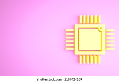 Yellow Computer processor with microcircuits CPU icon isolated on pink background. Chip or cpu with circuit board. Micro processor. Minimalism concept. 3d illustration 3D render.