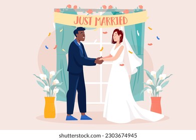 Yellow concept Wedding with people scene in the flat cartoon style. A man and a woman stand at the altar and will soon become a married couple. - Powered by Shutterstock