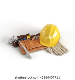 A yellow construction hard hat and tool bag on a white background. - Powered by Shutterstock