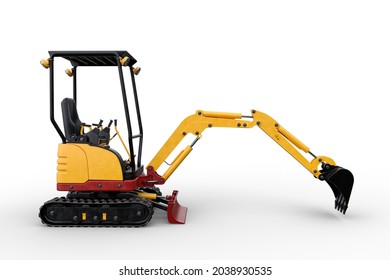 Yellow Construction Site Excavator With Mechanical Arm Extended. 3D Illustration Isolated On A White Background.