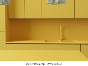 Yellow contemporary kitchen tabletop with empty space for your product display over beautiful monochromatic kitchen wall background. Minimal Colourful kitchen. 3d rendering.