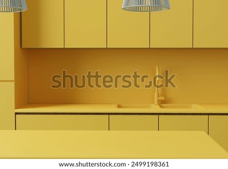 Yellow contemporary kitchen tabletop with empty space for your product display over beautiful monochromatic kitchen wall background. Minimal Colourful kitchen. 3d rendering.