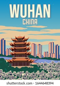 The Yellow Crane Temple  Tower And Yangtze River With City Skyline In Wuhan China Illustration, Best Concept For Travel Poster With Vintage Style