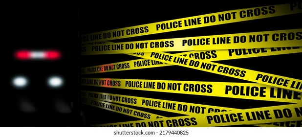 Yellow Crime Scene Tape Is Seen With Police Lights And Patrol Car At Night. Police Line Do Not Cross Is The Text On The Tape In This 3-d Illustration.