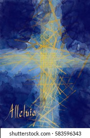 Yellow Cross On Blue Background, Christian Religious Abstract Artistic Illustration For Easter Or Sympathy Card With Condolences