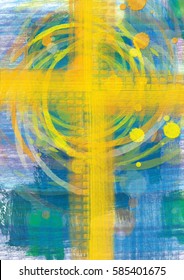 Yellow Cross On Blue Background, Christian Religious Abstract Artistic Illustration For Easter Or Any Other Occasion