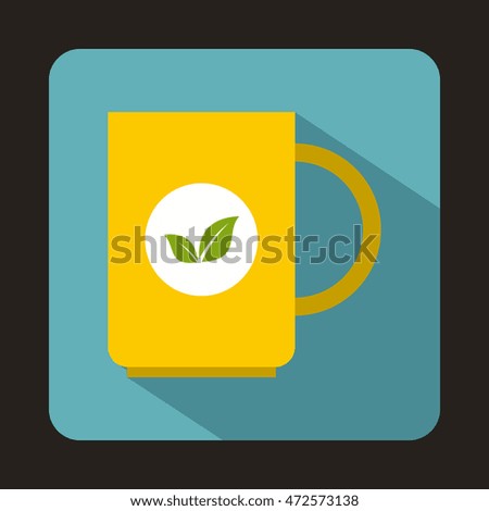 Yellow cup of tea icon in flat style on a baby blue background