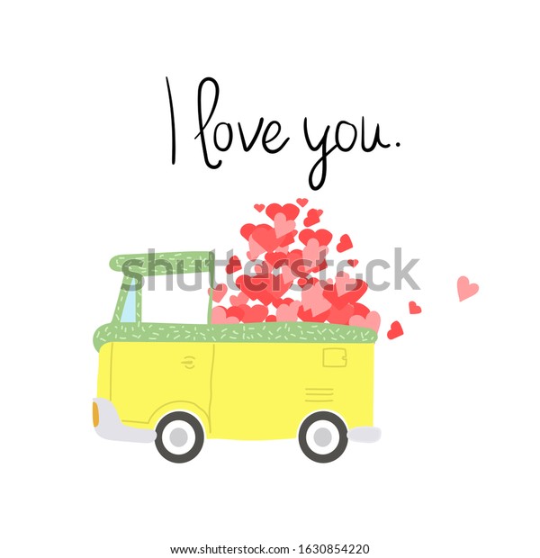 Yellow cute car with hearts and the words I\
love you. Designed for greeting cards, stickers, illustrations for\
books, notebooks.