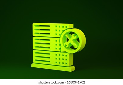 Yellow Database server with screwdriver and wrench icon isolated on green background. Adjusting, service, setting, maintenance, repair, fixing. Minimalism concept. 3d illustration 3D render