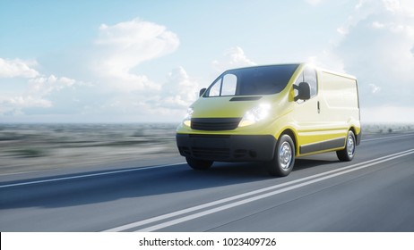 Yellow Delivery Van On Highway. Very Fast Driving. Transport And Logistic Concept. 3d Rendering.