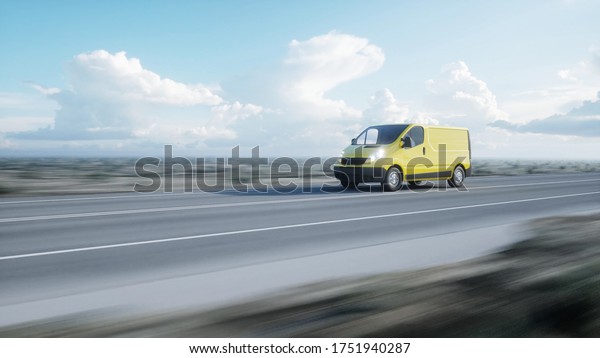 Yellow delivery van on highway.\
Very fast driving. Transport and logistic concept. 3d\
rendering.