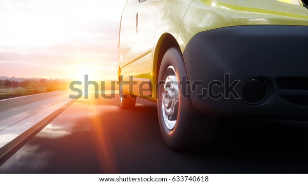 Yellow delivery van on highway.
Very fast driving. Transport and logistic concept. 3d
rendering.