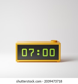 Yellow Digital Alarm Clock With Green Digits Isolated Over White Background. 3D Rendering.