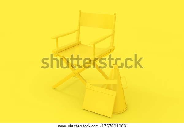 Yellow Director Chair,\
Movie Clapper and Megaphone in Duotone Style on a yellow\
background. 3d\
Rendering