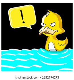 The  yellow duck on the water with black background. Cartoon displeased duck. annoyed duck illustration. raster. Angry duck