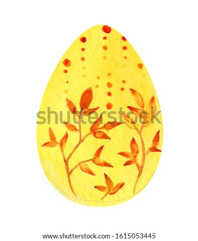 Yellow easter egg with red floral pattern.Watercolor illustration. Object nga white background.